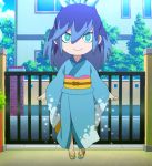  1girl blue_hair female floating fubukihime green_eyes japanese_clothes sandals sash screencap smile solo tree youkai_watch 