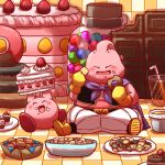  artist_request blush cake closed_eyes cookie crossover doughnut dragon_ball dragonball_z eating food kirby majin_buu open_mouth 