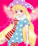  1girl :d american_flag_legwear american_flag_shirt blonde_hair blush clownpiece cowboy_shot flag_print frilled_shirt_collar frills grin hat jester_cap long_hair looking_at_viewer mismatched_legwear open_mouth p-ki pink_background polka_dot print_legwear print_shirt purple_hat shirt simple_background smile solo star star_print striped striped_legwear striped_shirt touhou very_long_hair violet_eyes wings 