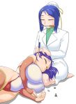  2girls android aq_interactive arcana_heart atlus bare_shoulders blue_hair bolt breast_squeeze breasts bridal_gauntlets bun_cover ear_cleaning ebata erect_nipples examu gears hair_down highleg highleg_leotard huge_breasts labcoat lap_pillow leotard lying mei-fang mei_ling_hua mouth_hold multiple_girls on_side robot_girl screwdriver shiny shiny_clothes shiny_skin short_hair simple_background sleeping spring_(object) 
