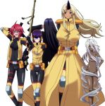  5girls breasts cyclops doppel_(monster_musume) gun heterochromia highres large_breasts manako monster_girl monster_musume_no_iru_nichijou ms._smith multiple_girls nude ogre one-eyed purple_hair redhead rifle short_hair simple_background smile standing stitched stitches tionishia weapon white_hair yellow_eyes zombina 