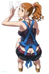  1girl :o anjou_naruko ano_hi_mita_hana_no_namae_wo_bokutachi_wa_mada_shiranai. apron ass bare_shoulders belt breasts brown_eyes brown_hair butt_crack downpants earrings jewelry looking_at_viewer looking_back medium_breasts no_panties open_mouth ponytail revision sandals short_hair shorts sideboob sitting solo squatting suna tank_top 