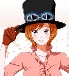  1girl costume_switch female gloves goggles goggles_on_hat hat koala_(one_piece) one_piece simple_background smile solo top_hat 