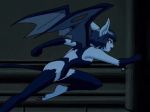  1girl 90s animated animated_gif barefoot black_hair blue_skin blush breasts claws cleavage demon_girl feet female horns jewelry lilim_(monster_farm) monster_farm monster_girl pendant pixie_(monster_farm) pointy_ears pursuit running short_hair succubus tail tiger_(monster_farm) wings wolf 