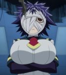  1girl :&lt; bandage breast_hold breasts ceiling crossed_arms female from_below highres indoors knife kurokami_kujira large_breasts latex medaka_box naze_youka one_eye_covered purple_hair red_eyes school_uniform screencap short_hair solo stitched upper_body 