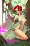  1girl armlet ass belt boots breasts cape center_opening choker city cleavage collarbone double_bun energy_sword eyepatch futuristic gloves hair_bun hector_enrique_sevilla_lujan highleg looking_at_viewer navel no_bra original redhead smile solo stomach sword tattoo weapon white_gloves 