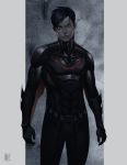  1boy armor bat_symbol batman batman_(series) batman_beyond belt black_hair cape dc_comics dcau gauntlets headwear_removed male_focus power_armor simple_background solo standing terry_mcginnis 