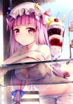  1girl blue_sky breasts closed_mouth crescent food hat ice_cream long_hair looking_at_viewer medium_breasts patchouli_knowledge purple_hair sky solo touhou violet_eyes yan_(nicknikg) 