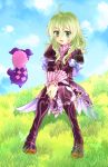  1girl ahoge blush boots bracelet butterfly dress elize_lutus frills green_eyes green_hair jewelry long_hair open_mouth ribbon tales_of_(series) tales_of_xillia teepo_(tales) 