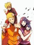  2boys 2girls agentwhitehawk ahoge blonde_hair blue_eyes cape carrying family happy hime_cut hyuuga_hinata lavender_eyes multiple_boys multiple_girls naruto naruto_gaiden piggyback purple_hair simple_background smile spiky_hair uzumaki_boruto uzumaki_himawari uzumaki_naruto whiskers 