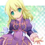  1girl blonde_hair blush bracelet cat checkered dress elize_lutus frills gradient gradient_background green_eyes heart jewelry long_hair necklace ribbon smile star tales_of_(series) tales_of_xillia 