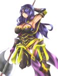  1girl arm_up armor armpits axe breastplate breasts camilla_(fire_emblem_if) cleavage en_(paorasuteki) fire_emblem fire_emblem_if gauntlets greaves hair_over_one_eye purple_hair simple_background solo thigh-highs tiara weapon 