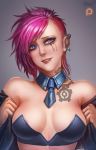  1girl badcompzero blue_eyes breasts earring gradient gradient_background league_of_legends necktie nose_ring pink_hair solo tagme tattoo vi 
