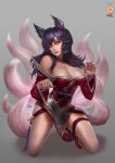  1girl ahri animal_ears badcompzero bare_shoulders black_hair breasts cleavage female fox_ears fox_tail full_body gradient gradient_background kneeling large_breasts league_of_legends long_hair looking_at_viewer nail_polish parted_lips smile solo tagme tail yellow_eyes 