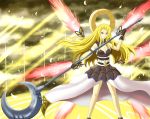  1girl armband artist_request blonde_hair blue_eyes breasts cleavage dress ethereal_queen feathers female gloves gradient gradient_background halo large_breasts long_hair looking_at_viewer smile solo staff star_ocean tri-ace weapon wings 