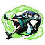  1girl blue_hair boots bow brown_eyes cape divine_gate dress fairy_tail full_body green_boots green_bow green_dress hair_bow hood long_hair looking_at_viewer official_art outstretched_arms pleated_dress shadow smile solo transparent_background twintails ucmm very_long_hair wendy_marvell 