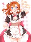  1girl birthday blue_eyes blush breasts cleavage cleavage_cutout curly_hair earrings english female gradient gradient_background hand_on_hip jewelry kousaka_honoka long_hair looking_at_viewer love_live!_school_idol_project maid miina_(migelkerk) open_mouth orange_hair polka_dot polka_dot_background ponytail side_ponytail smile solo v 