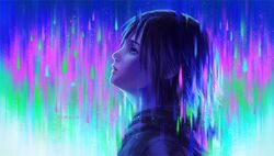  1girl black_hair blue_eyes cloak gloves gradient gradient_background highres kingdom_hearts kingdom_hearts_358/2_days lips looking_away nose short_hair solo xion_(kingdom_hearts) 