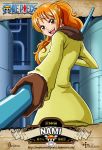  1girl brown_eyes character_name copyright_name jacket nami_(one_piece) one_piece orange_hair solo staff weapon 
