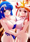  2girls ao_no_rupika ass asymmetrical_docking backlighting bare_shoulders barefoot beatmania beatmania_iidx bikini blonde_hair blue_bikini blue_eyes blue_hair blush breast_press breasts cleavage collarbone cowboy_shot from_side hair_ornament houou_rinka ini_(mocomocccos) large_breasts long_hair looking_at_viewer multiple_girls navel one-piece_swimsuit parted_lips red_eyes short_hair side-tie_bikini smile standing swimsuit symmetrical_docking thong_bikini triangle_mouth very_long_hair white_hair window 