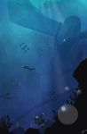  bubbles coral fish glowing glowing_eyes lugia luvdisc milotic monochrome nintendo ocean pokemon pokemon_(game) rey_menchaca rock scenery sharpedo silhouette sunlight swimming underwater 