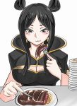  1girl black_eyes black_hair blush breasts cleavage cleavage_cutout eating fairy_tail female food food_on_face large_breasts long_hair minerva_orlando murabito_sono2 simple_background solo tagme 