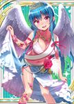  1girl artist_request blue_hair border breasts cleavage collarbone crown dress female hair_ornament large_breasts long_hair navel pink_eyes shinkai_no_valkyrie smile solo thighs wings 