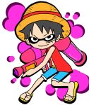  1boy crossover domino_mask hat male_focus mask monkey_d_luffy one_piece sandals simple_background solo splatoon straw_hat 