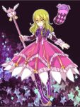  1girl aqua_eyes blonde_hair boots dress elize_lutus frills gradient gradient_background jewelry necklace open_mouth staff star tales_of_(series) tales_of_xillia teepo_(tales) weapon yellow_eyes 