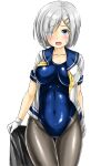  1girl black_legwear blue_eyes breasts eyes_visible_through_hair hair_ornament hair_over_one_eye hairclip hamakaze_(kancolle) kantai_collection kudou_(ooabareteng) large_breasts one-piece_swimsuit open_mouth pantyhose school_uniform serafuku short_hair silver_hair solo swimsuit swimsuit_under_clothes 