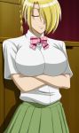  1girl beelzebub_(manga) blonde_hair braid breast_hold breasts closed_eyes crossed_arms female hair_over_one_eye hilda_(beelzebub) large_breasts screencap short_hair smile solo standing stitched 