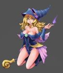 1girl artist_request bare_shoulders blonde_hair blue_eyes boots breasts cleavage dark_magician_girl duel_monster female full_body hat kneeling large_breasts long_hair looking_at_viewer open_mouth simple_background solo wand wizard_hat yu-gi-oh! yuu-gi-ou_duel_monsters 