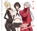  3girls artist_request black_hair blonde_hair blue_eyes bodysuit breasts cleavage dragon_yukano hands_on_own_chest large_breasts long_hair multiple_girls nancy_lee ninja ninja_slayer school_uniform serafuku short_hair simple_background skin_tight yamoto_koki 