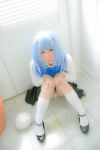  1girl blue_eyes blue_hair cosplay japanese panties photo school_uniform solo underwear 