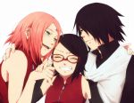  1boy 2girls arm_around_shoulder arm_warmers black_hair closed_eyes facial_mark family father_and_daughter forehead_mark glasses green_eyes hair_over_one_eye hand_holding happy haruno_sakura husband_and_wife mother_and_daughter multiple_girls naruto naruto_gaiden pink_hair shirt_tug short_hair simple_background sleeveless smile takaichi_(as121) uchiha_sarada uchiha_sasuke 