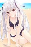  1girl absolute_duo beach bikini breasts long_hair looking_at_viewer navel silver_hair sitting small_breasts solo swimsuit underwear very_long_hair violet_eyes yurie_sigtuna 