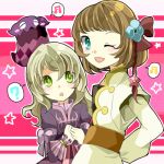 2girls blue_eyes brown_hair elize_lutus green_eyes leia_rolando long_hair multiple_girls one_eye_closed open_mouth short_hair striped_background tales_of_(series) tales_of_xillia teepo_(tales) wink 