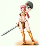 1girl abs arm_up armor bikini_armor braid braided_ponytail breasts cleavage female full_body gloves greaves jadenkaiba large_breasts navel one_piece open_mouth pink_eyes pink_hair ponytail rebecca_(one_piece) shield simple_background smile solo standing stomach sword toned 