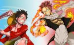  2boys black_hair blue_eyes clenched_hand crossover epic fairy_tail fighting_stance gradient gradient_background hat male_focus monkey_d_luffy multiple_boys muscle natsu_dragneel one_piece pink_hair scar scarf sharp_teeth shorts smile steam straw_hat tattoo teeth vest yellow_eyes 