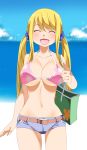  1girl ^_^ beach bikini blonde_hair blush breasts cleavage closed_eyes fairy_tail female gaston18 happy large_breasts long_hair lucy_heartfilia navel open_mouth shorts sky smile solo standing swimsuit twintails 