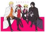  1girl 3boys 7mexxx arm_warmers black_hair blonde_hair boruto:_the_movie cape cloak forehead_protector glasses hair_over_one_eye jacket multiple_boys naruto open_clothes open_jacket simple_background spiky_hair uchiha_sarada uchiha_sasuke uzumaki_boruto uzumaki_naruto whiskers 