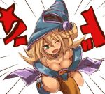  1girl artist_request blonde_hair boots breasts dark_magician_girl duel_monster female flying green_eyes hat long_hair simple_background solo wand wink wizard_hat yu-gi-oh! yuu-gi-ou_duel_monsters 