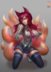  1girl academy_ahri ahri badcompzero blush breasts female gradient gradient_background kneeling large_breasts league_of_legends long_hair looking_at_viewer nail_polish parted_lips redhead skirt smile solo tagme thigh-highs yellow_eyes 