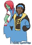  1boy 1girl alien black_hair brown_eyes cape company_connection dark_skin dc_comics gloves goggles goggles_around_neck green_skin hairlocs hands_in_pockets hands_on_hips jacket mask miss_martian redhead simple_background skirt static_shock teen_titans virgil_ovid_hawkins 