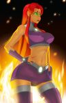  1girl bridal_gauntlets cartoon_network dark_background dc_comics erect_nipples fiery_hair fire flaming_hair glowing glowing_eyes glowing_hair gradient gradient_background green_eyes hand_on_hip midriff miniskirt navel orange_hair orange_skin skirt sleeveless solo starfire stomach teen_titans thigh-highs thigh_gap tovio_rogers 