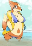  1girl bikini blush breasts cleavage floatzel gradient gradient_background looking_at_viewer mizone open_mouth pokemon solo swimsuit 