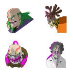  4boys bald brown_hair character_sheet cockatrice_(ninja_slayer) concept_art dark_skin dragon_gendosoh face glasses glowing green_hair green_sclera grey_hair huge_shuriken labcoat looking_at_viewer male_focus mask multiple_boys nakata_(ninja_slayer) ninja ninja_slayer official_art old_man rasta simple_background slit_pupils white_background 