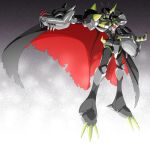  acchi_(koiyimknp) armor bandai black_armor black_cape cape digimon full_armor gradient gradient_background horns looking_at_viewer monster no_humans omegamon shoulder_pads solo 