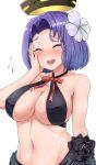  1girl bikini black_bikini blush bow breasts cleavage closed_eyes erect_nipples female flower hair_flower hair_ornament kantai_collection large_breasts navel okitsugu open_mouth purple_hair ribbon sarong short_hair simple_background smile solo stomach swimsuit tatsuta_(kantai_collection) 