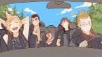  4boys animated animated_gif blonde_hair blue_sky car driving final_fantasy final_fantasy_xv gladiolus_amicitia ground_vehicle ignis_scientia motor_vehicle multiple_boys musical_note noctis_lucis_caelum nose_bubble parody pomiko_(mokokkokon) prompto_argentum sky sleeping spiky_hair tree 